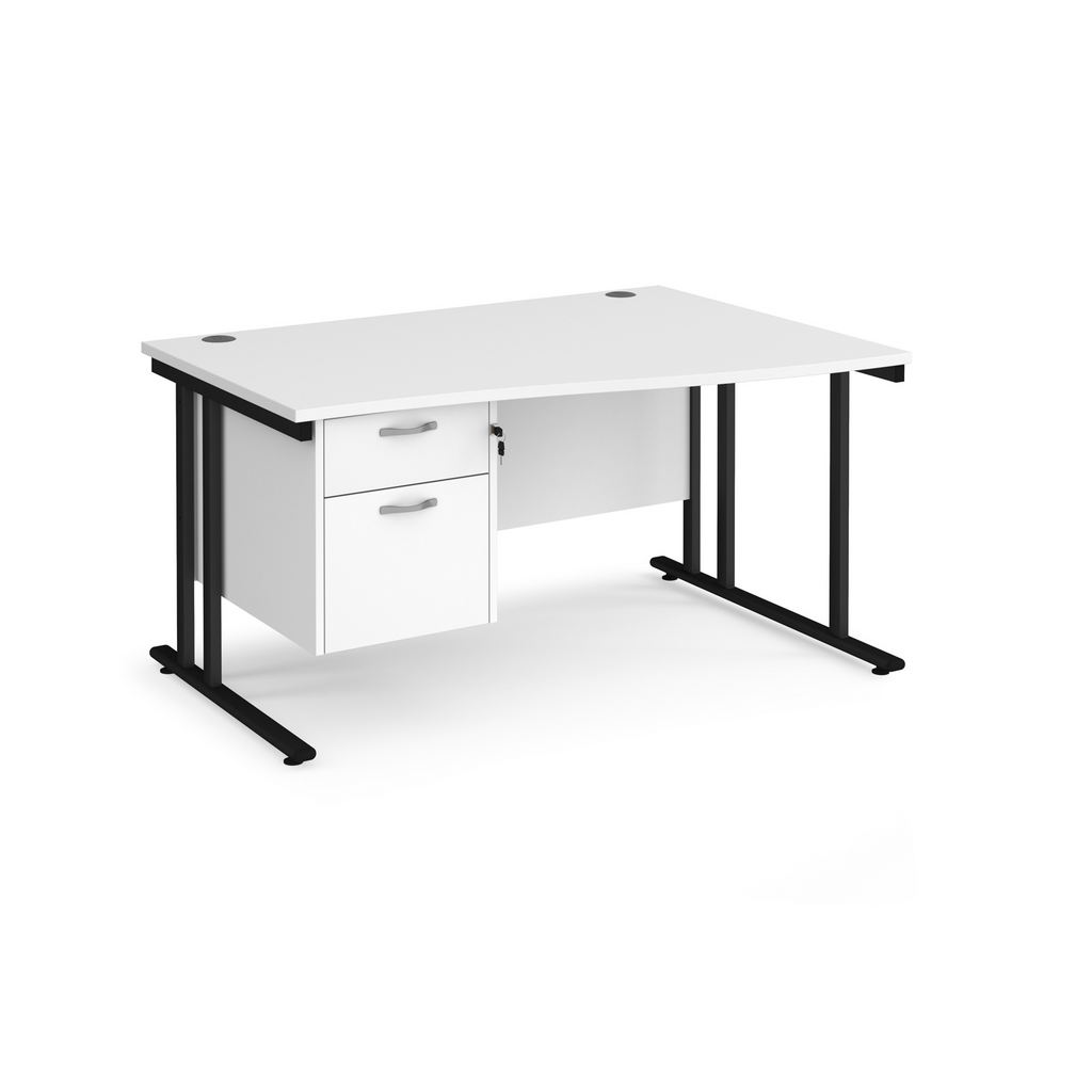 Picture of Maestro 25 right hand wave desk 1400mm wide with 2 drawer pedestal - black cantilever leg frame, white top