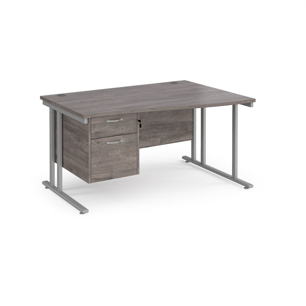 Picture of Maestro 25 right hand wave desk 1400mm wide with 2 drawer pedestal - silver cantilever leg frame, grey oak top