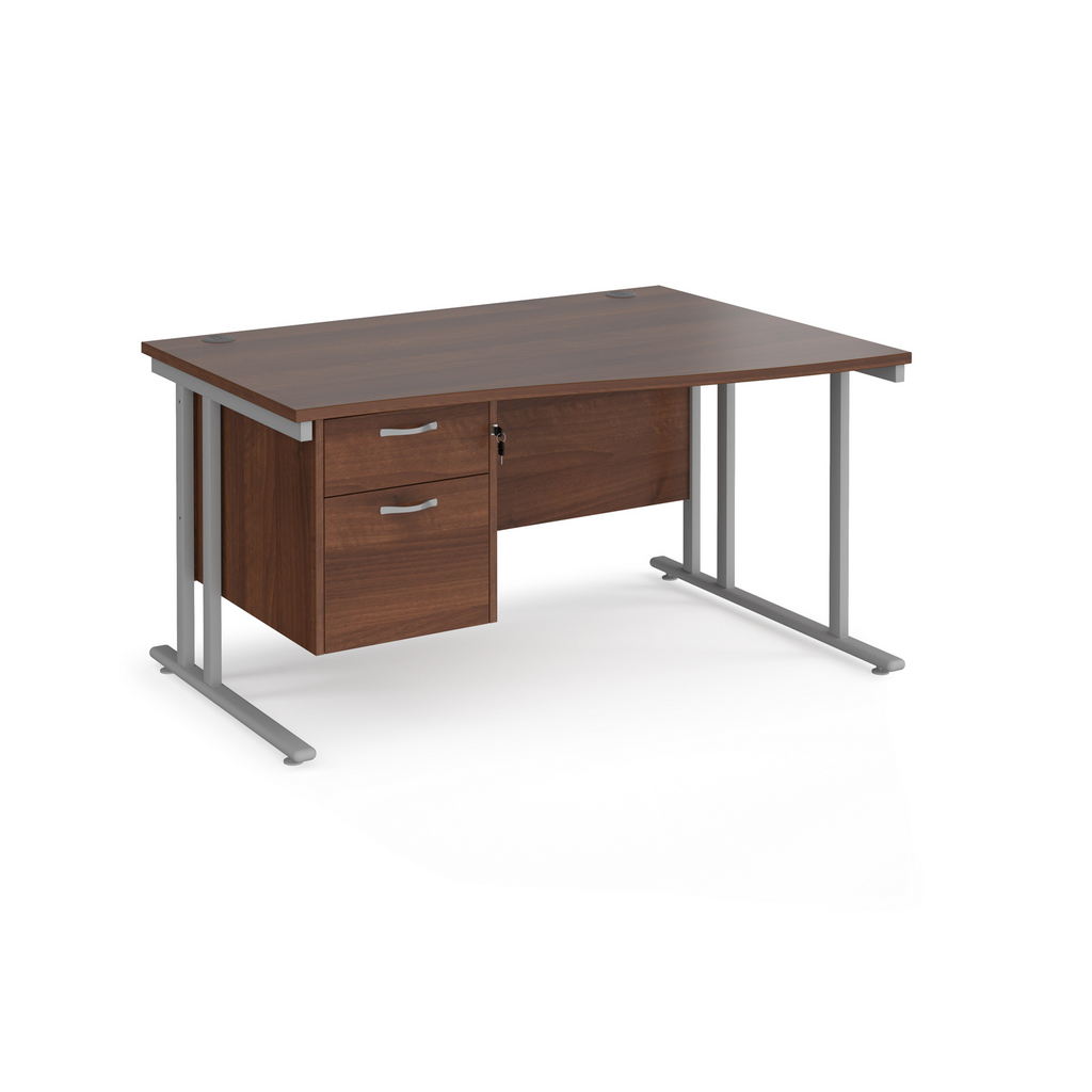 Picture of Maestro 25 right hand wave desk 1400mm wide with 2 drawer pedestal - silver cantilever leg frame, walnut top