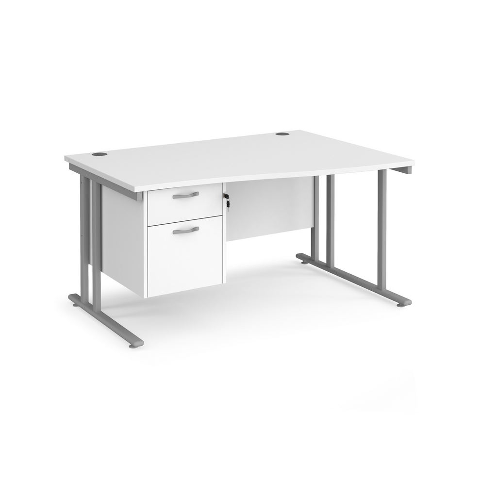 Picture of Maestro 25 right hand wave desk 1400mm wide with 2 drawer pedestal - silver cantilever leg frame, white top