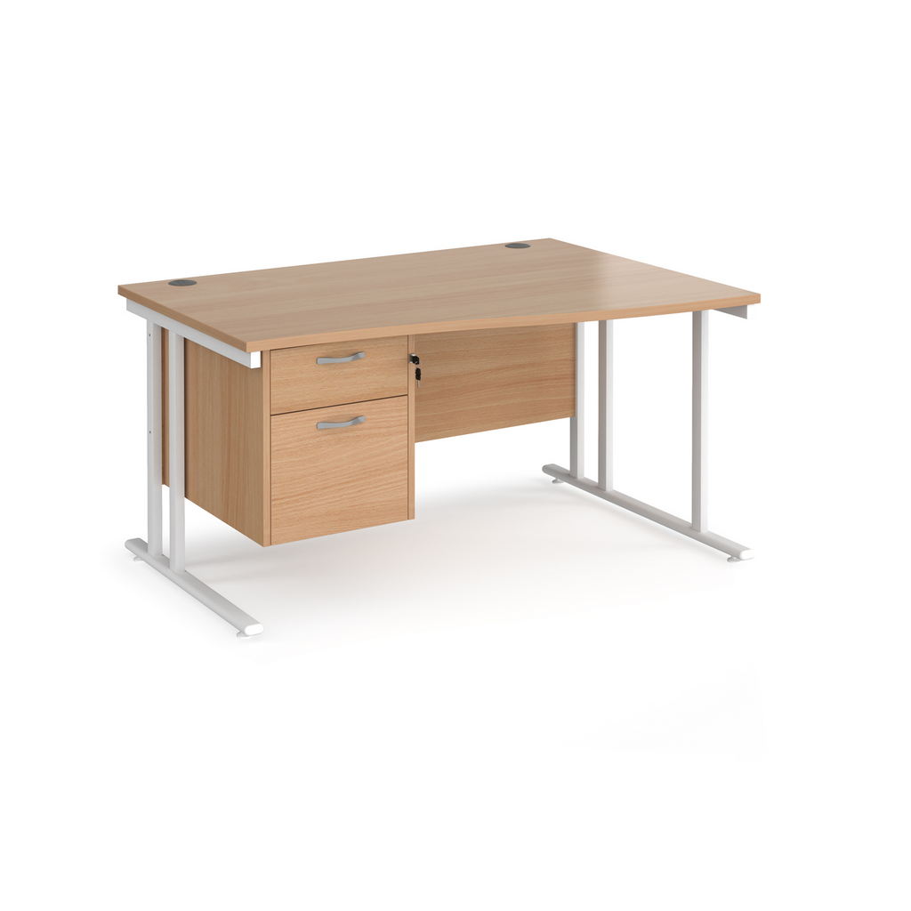 Picture of Maestro 25 right hand wave desk 1400mm wide with 2 drawer pedestal - white cantilever leg frame, beech top