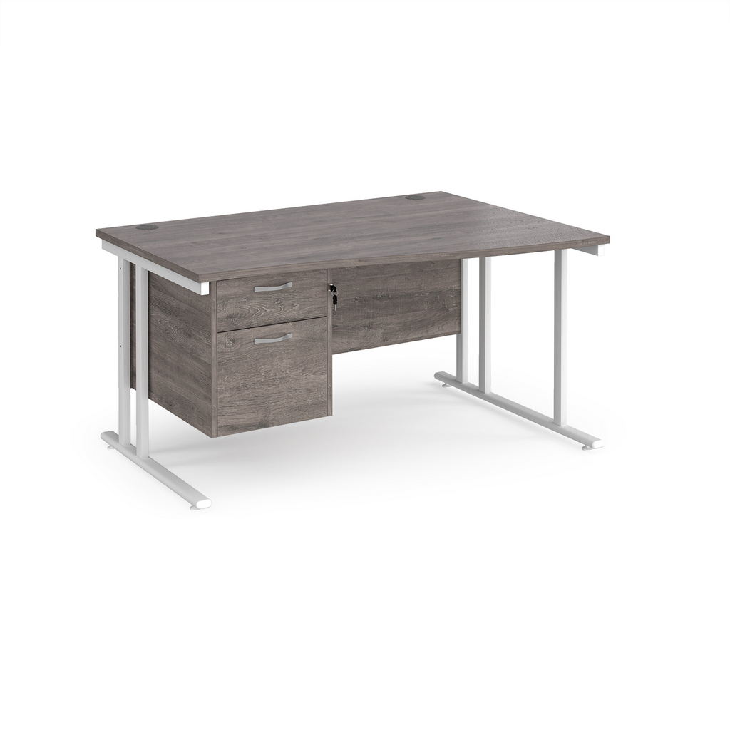 Picture of Maestro 25 right hand wave desk 1400mm wide with 2 drawer pedestal - white cantilever leg frame, grey oak top