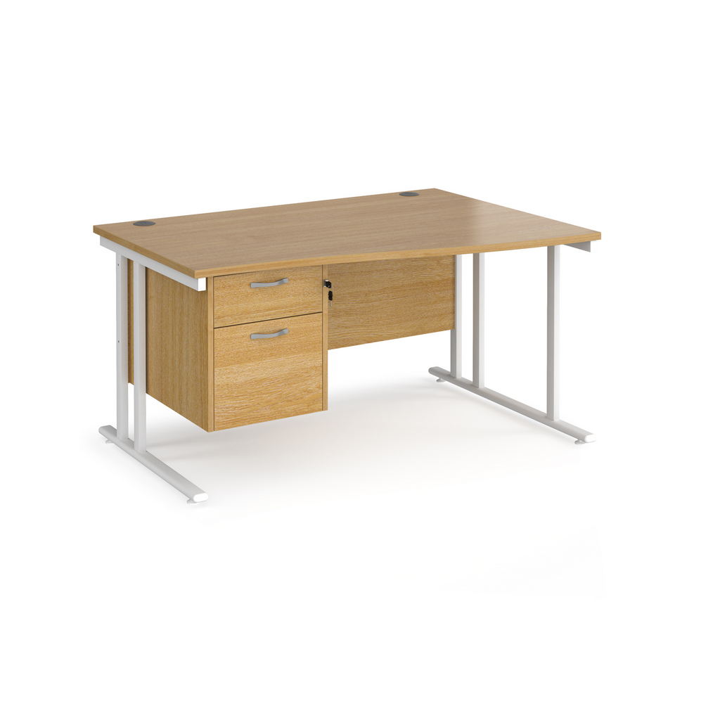 Picture of Maestro 25 right hand wave desk 1400mm wide with 2 drawer pedestal - white cantilever leg frame, oak top