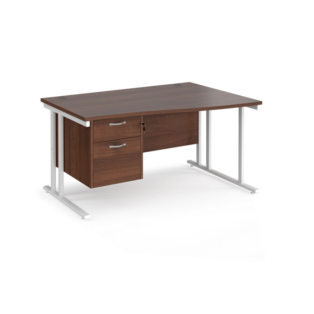 Picture of Maestro 25 right hand wave desk 1400mm wide with 2 drawer pedestal - white cantilever leg frame, walnut top