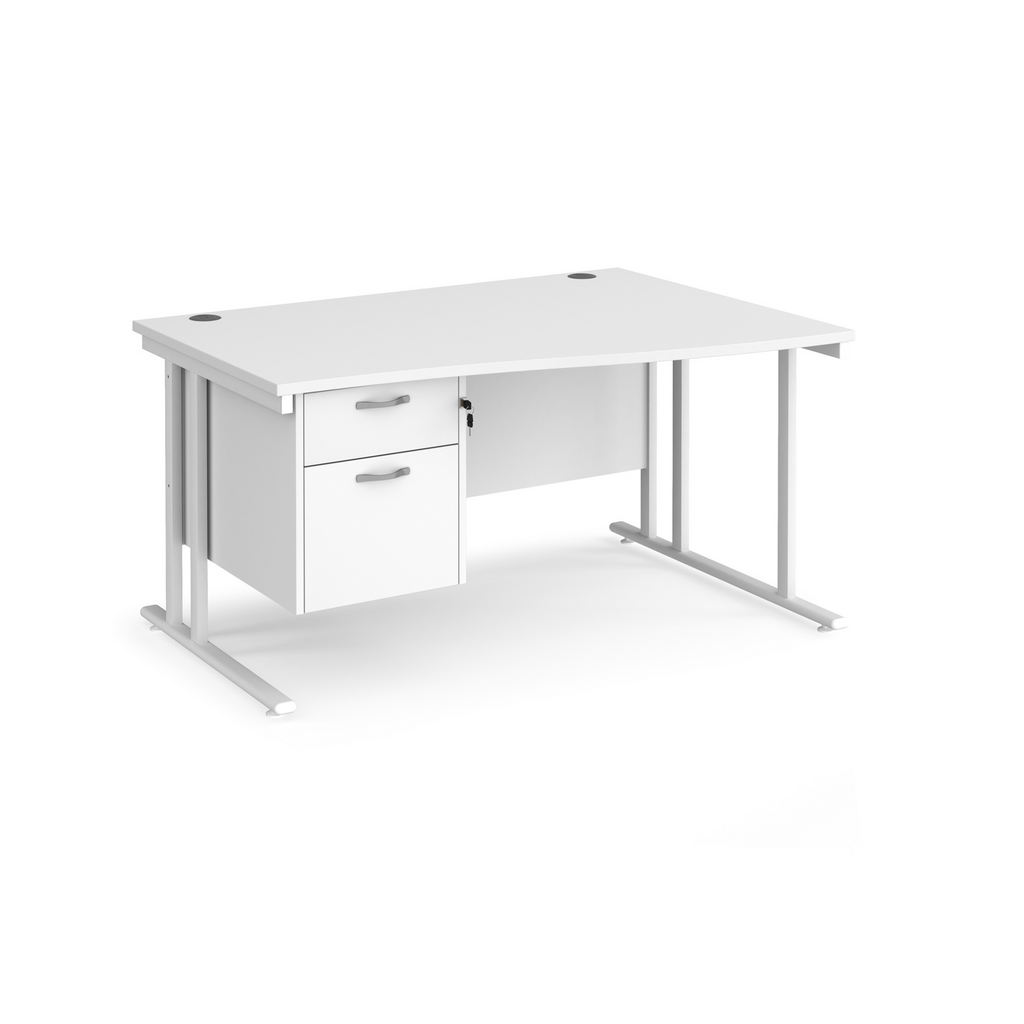 Picture of Maestro 25 right hand wave desk 1400mm wide with 2 drawer pedestal - white cantilever leg frame, white top