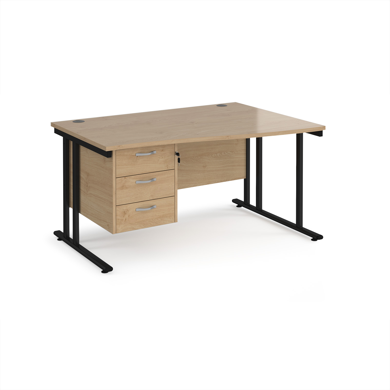 Picture of Maestro 25 right hand wave desk 1400mm wide with 3 drawer pedestal - black cantilever leg frame, Kendal Oak Top