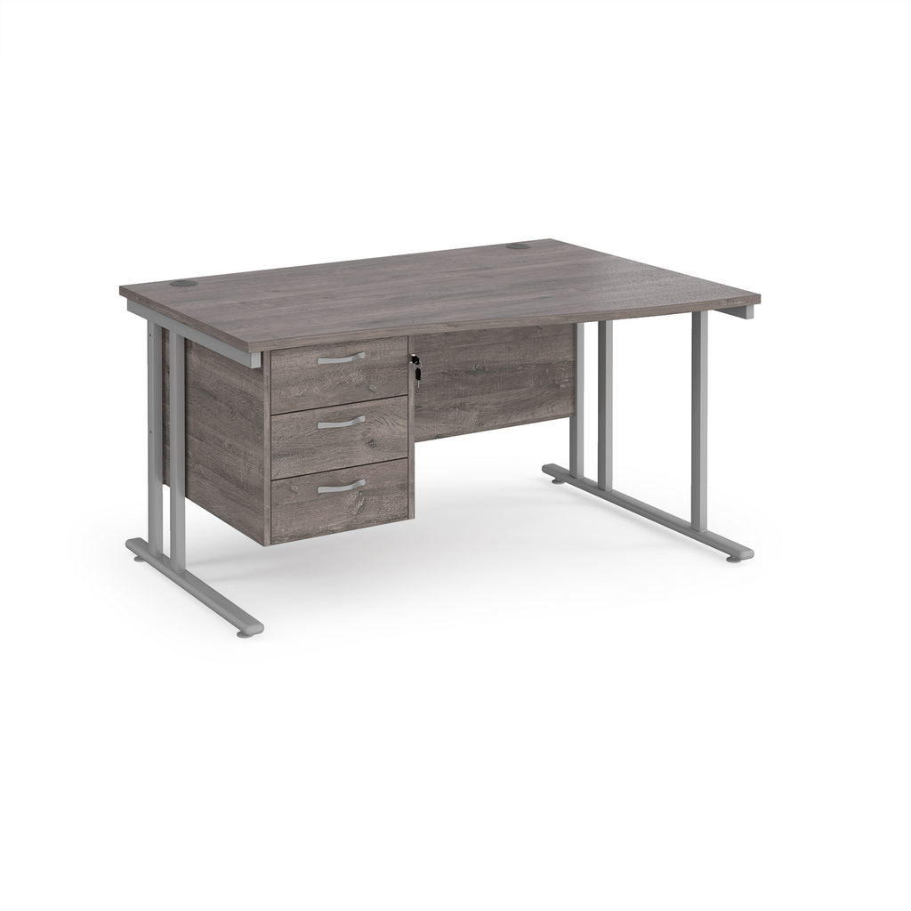 Picture of Maestro 25 right hand wave desk 1400mm wide with 3 drawer pedestal - silver cantilever leg frame, grey oak top