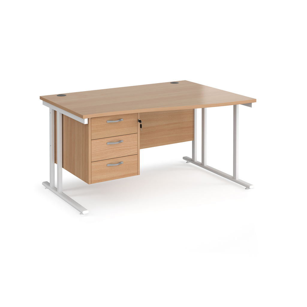 Picture of Maestro 25 right hand wave desk 1400mm wide with 3 drawer pedestal - white cantilever leg frame, beech top