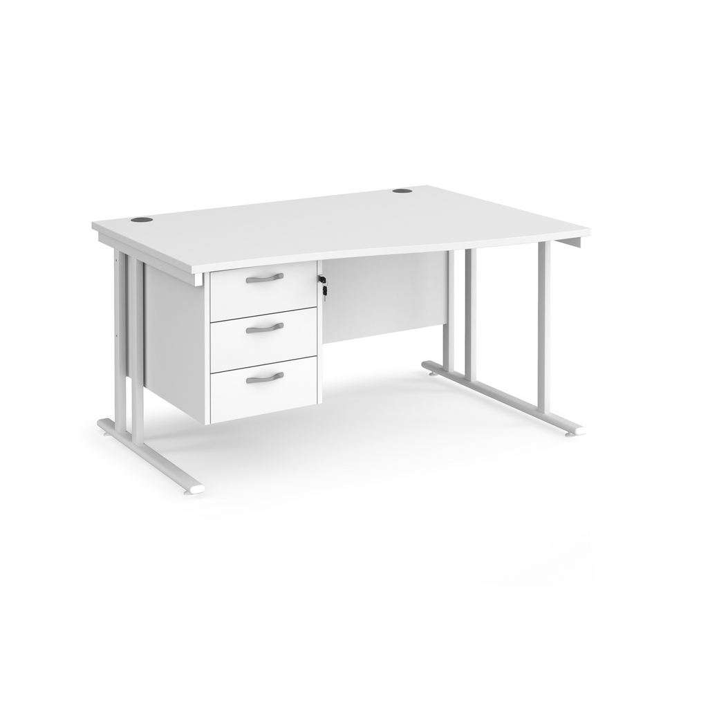 Picture of Maestro 25 right hand wave desk 1400mm wide with 3 drawer pedestal - white cantilever leg frame, white top