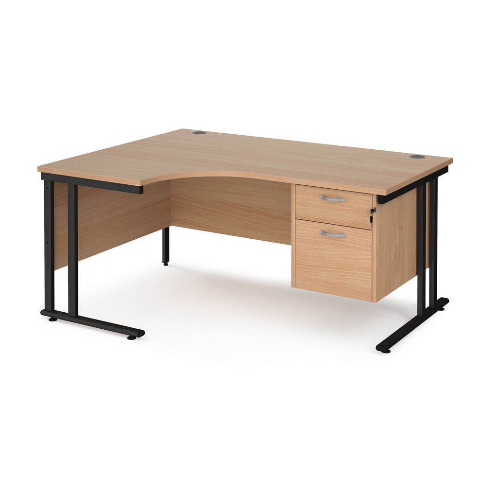 Picture of Maestro 25 left hand ergonomic desk 1600mm wide with 2 drawer pedestal - black cantilever leg frame, beech top