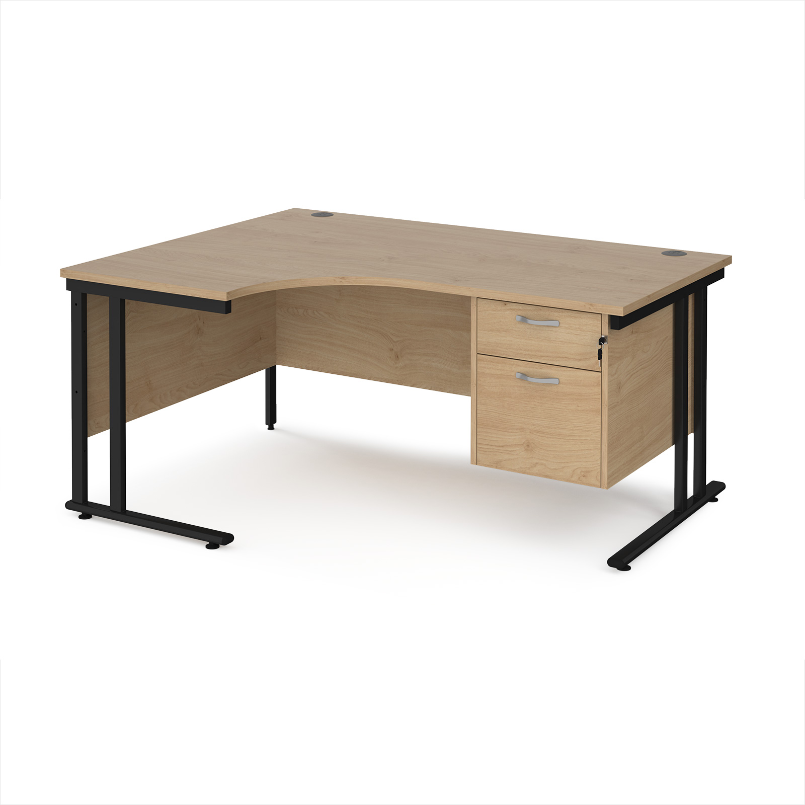 Picture of Maestro 25 left hand ergonomic desk 1600mm wide with 2 drawer pedestal - black cantilever leg frame, Kendal Oak Top