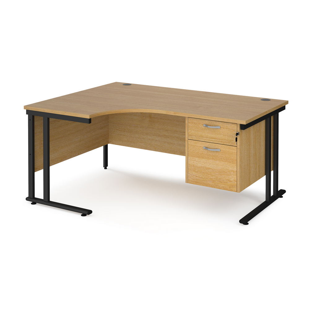 Picture of Maestro 25 left hand ergonomic desk 1600mm wide with 2 drawer pedestal - black cantilever leg frame, oak top