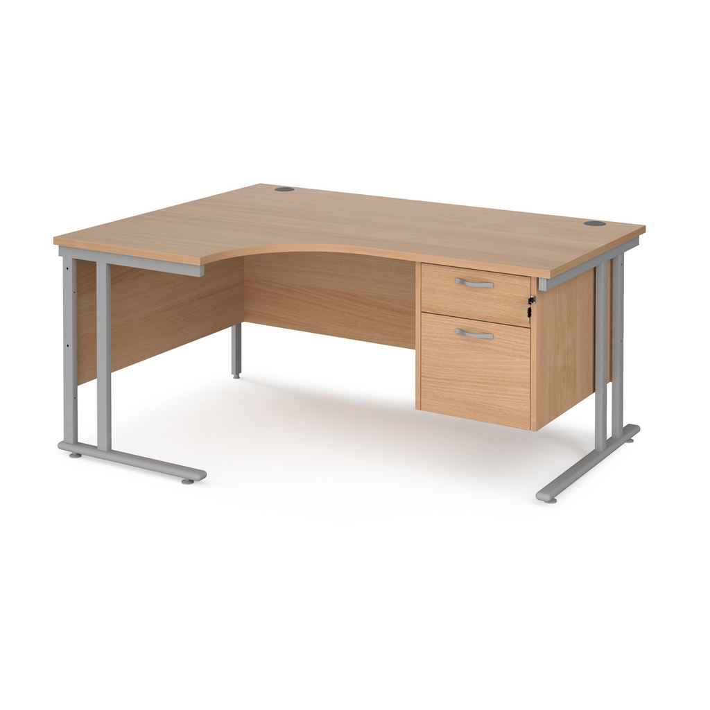 Picture of Maestro 25 left hand ergonomic desk 1600mm wide with 2 drawer pedestal - silver cantilever leg frame, beech top