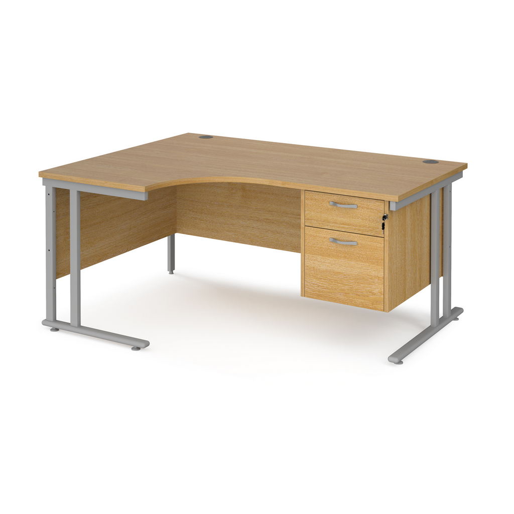 Picture of Maestro 25 left hand ergonomic desk 1600mm wide with 2 drawer pedestal - silver cantilever leg frame, oak top