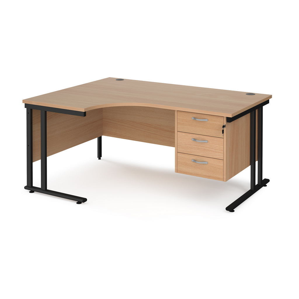 Picture of Maestro 25 left hand ergonomic desk 1600mm wide with 3 drawer pedestal - black cantilever leg frame, beech top