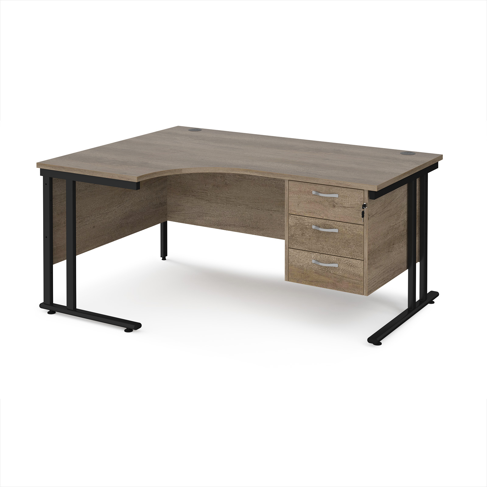 Picture of Maestro 25 left hand ergonomic desk 1600mm wide with 3 drawer pedestal - black cantilever leg frame, Nebraska Oak Top