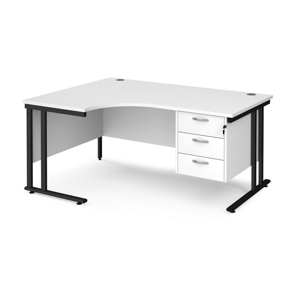 Picture of Maestro 25 left hand ergonomic desk 1600mm wide with 3 drawer pedestal - black cantilever leg frame, white top