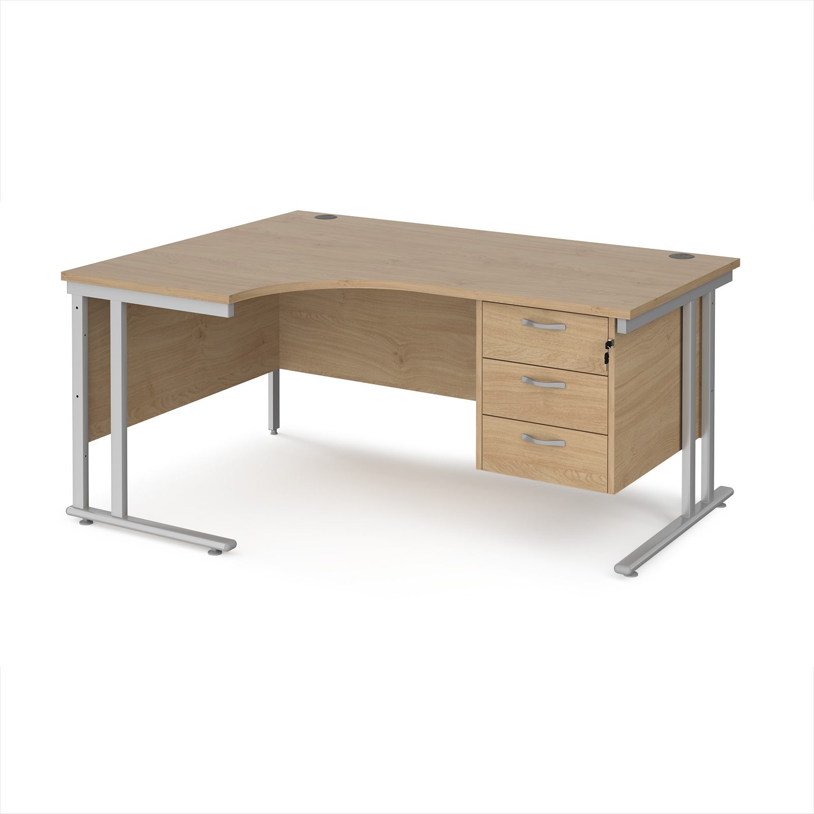 Picture of Maestro 25 left hand ergonomic desk 1600mm wide with 3 drawer pedestal - silver cantilever leg frame, Kendal Oak Top