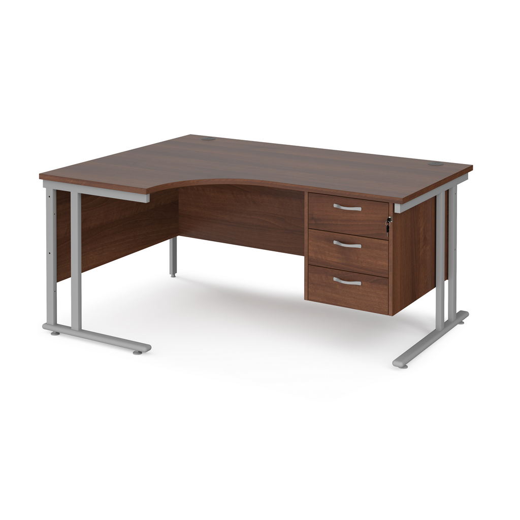 Picture of Maestro 25 left hand ergonomic desk 1600mm wide with 3 drawer pedestal - silver cantilever leg frame, walnut top