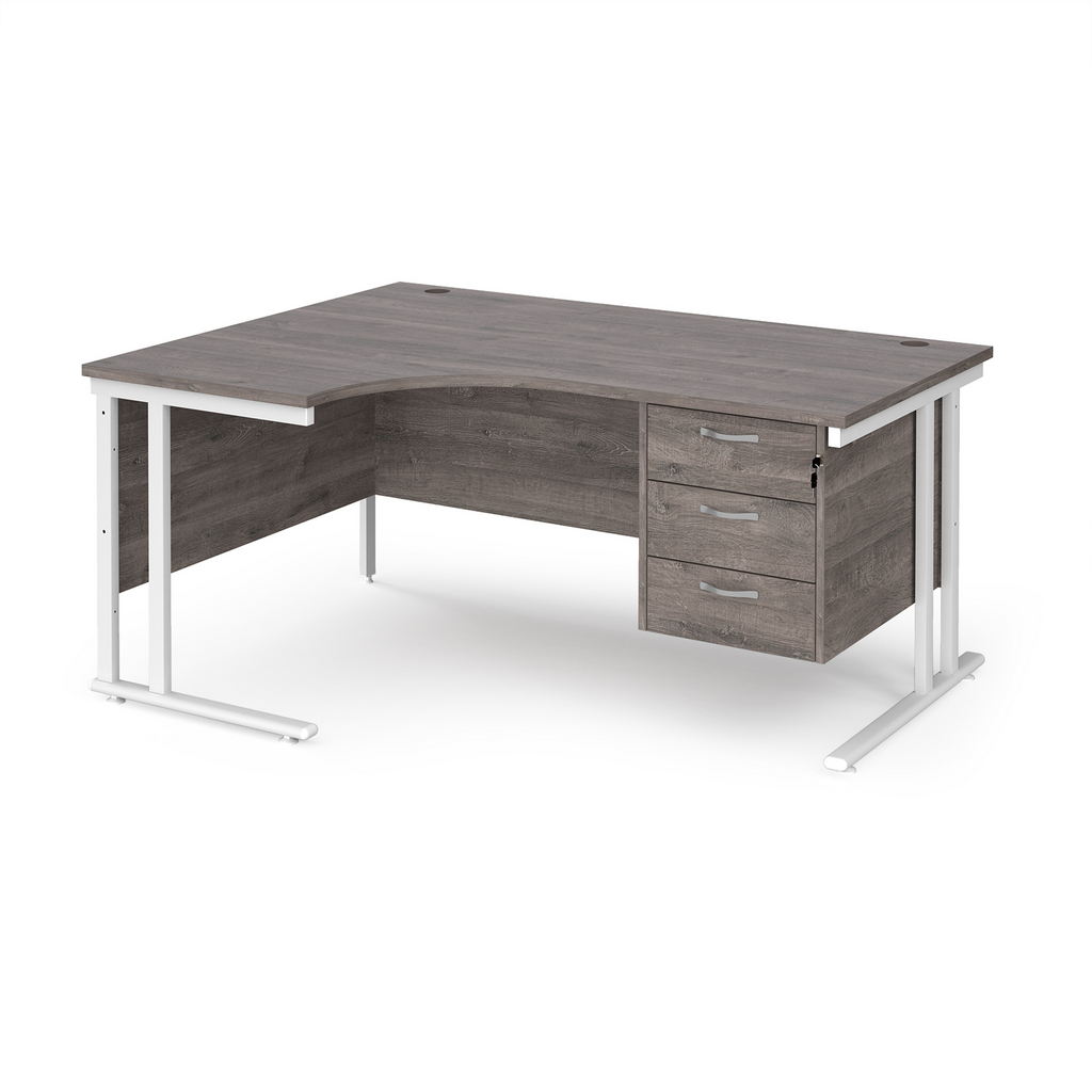 Picture of Maestro 25 left hand ergonomic desk 1600mm wide with 3 drawer pedestal - white cantilever leg frame, grey oak top