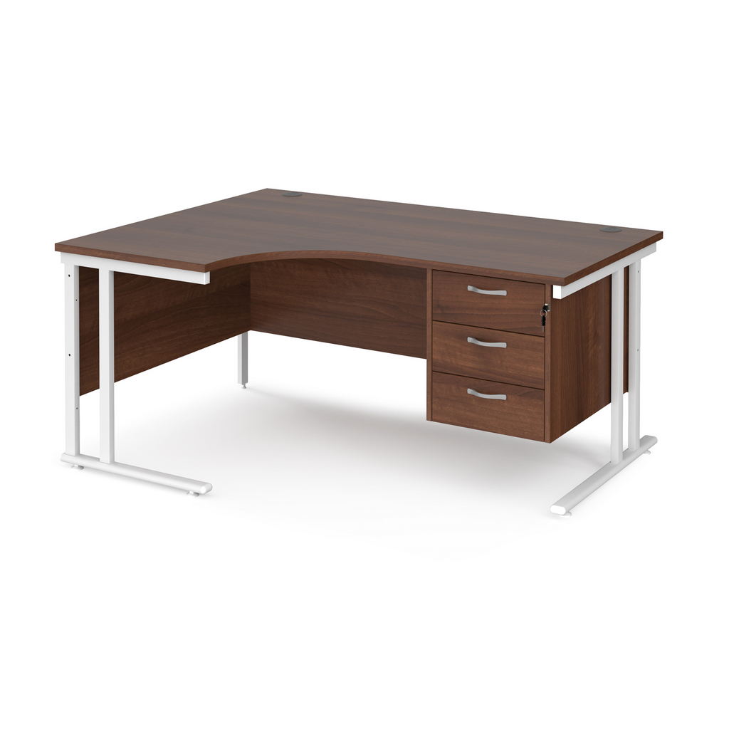 Picture of Maestro 25 left hand ergonomic desk 1600mm wide with 3 drawer pedestal - white cantilever leg frame, walnut top