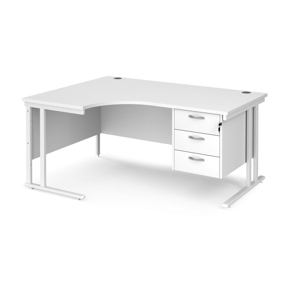 Picture of Maestro 25 left hand ergonomic desk 1600mm wide with 3 drawer pedestal - white cantilever leg frame, white top