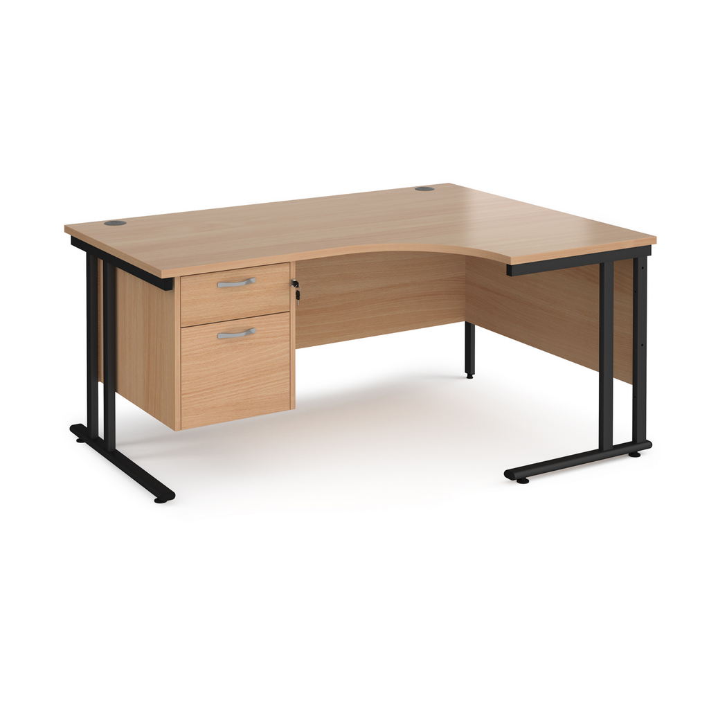 Picture of Maestro 25 right hand ergonomic desk 1600mm wide with 2 drawer pedestal - black cantilever leg frame, beech top