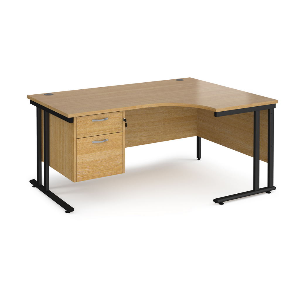 Picture of Maestro 25 right hand ergonomic desk 1600mm wide with 2 drawer pedestal - black cantilever leg frame, oak top