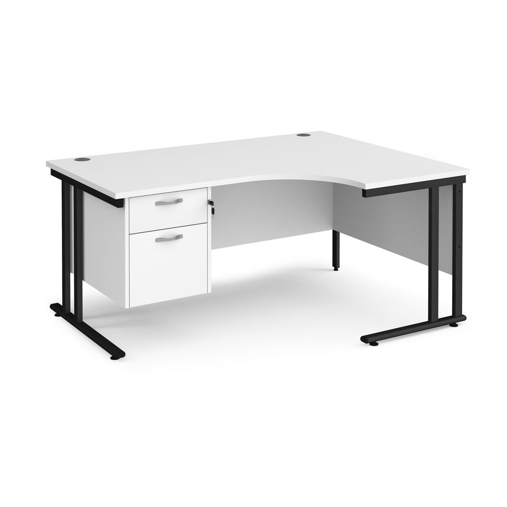 Picture of Maestro 25 right hand ergonomic desk 1600mm wide with 2 drawer pedestal - black cantilever leg frame, white top