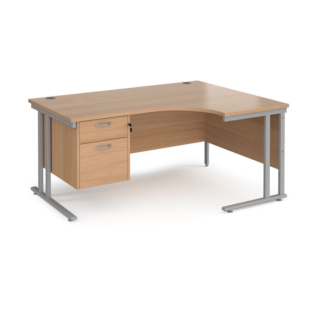 Picture of Maestro 25 right hand ergonomic desk 1600mm wide with 2 drawer pedestal - silver cantilever leg frame, beech top