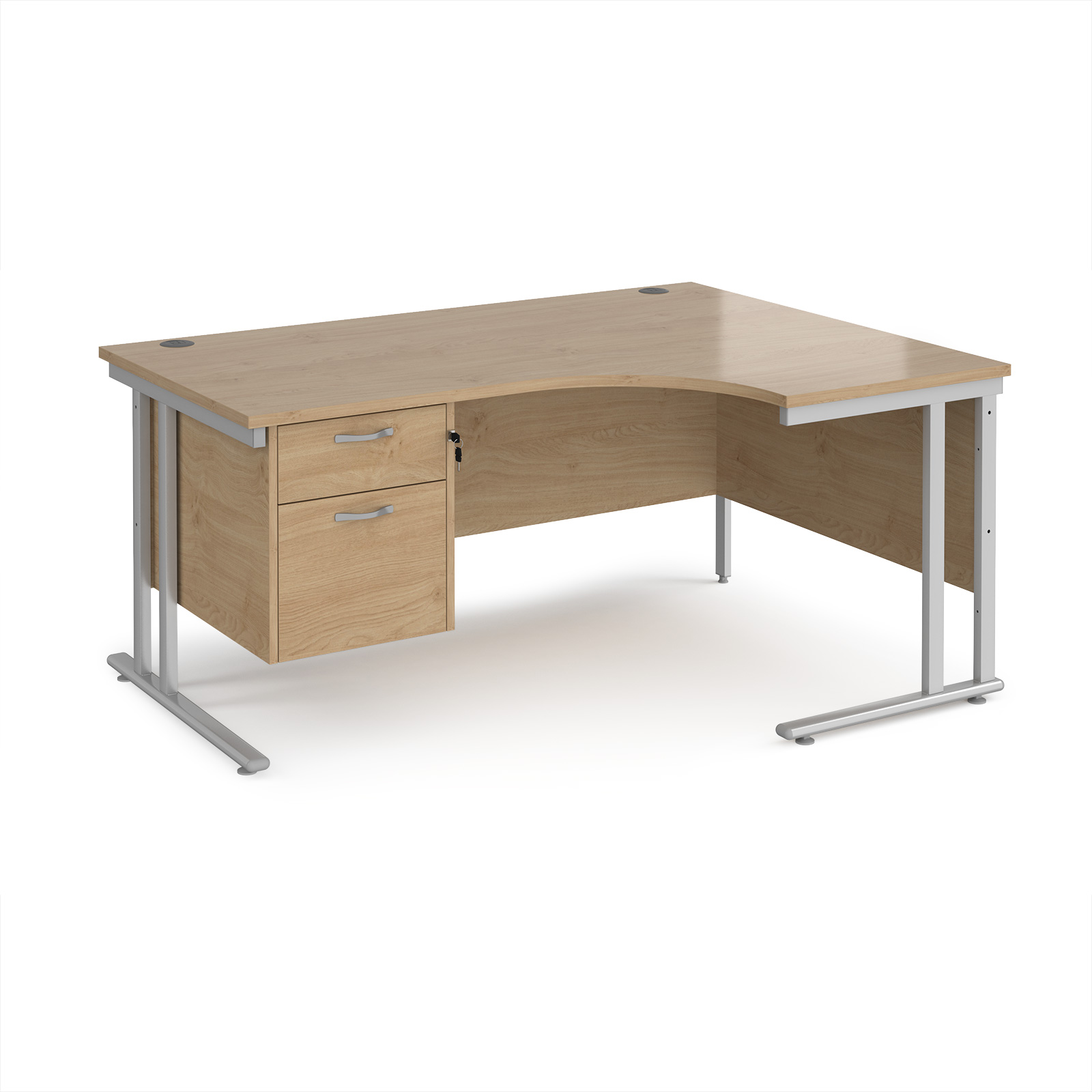 Picture of Maestro 25 right hand ergonomic desk 1600mm wide with 2 drawer pedestal - silver cantilever leg frame, Kendal Oak Top