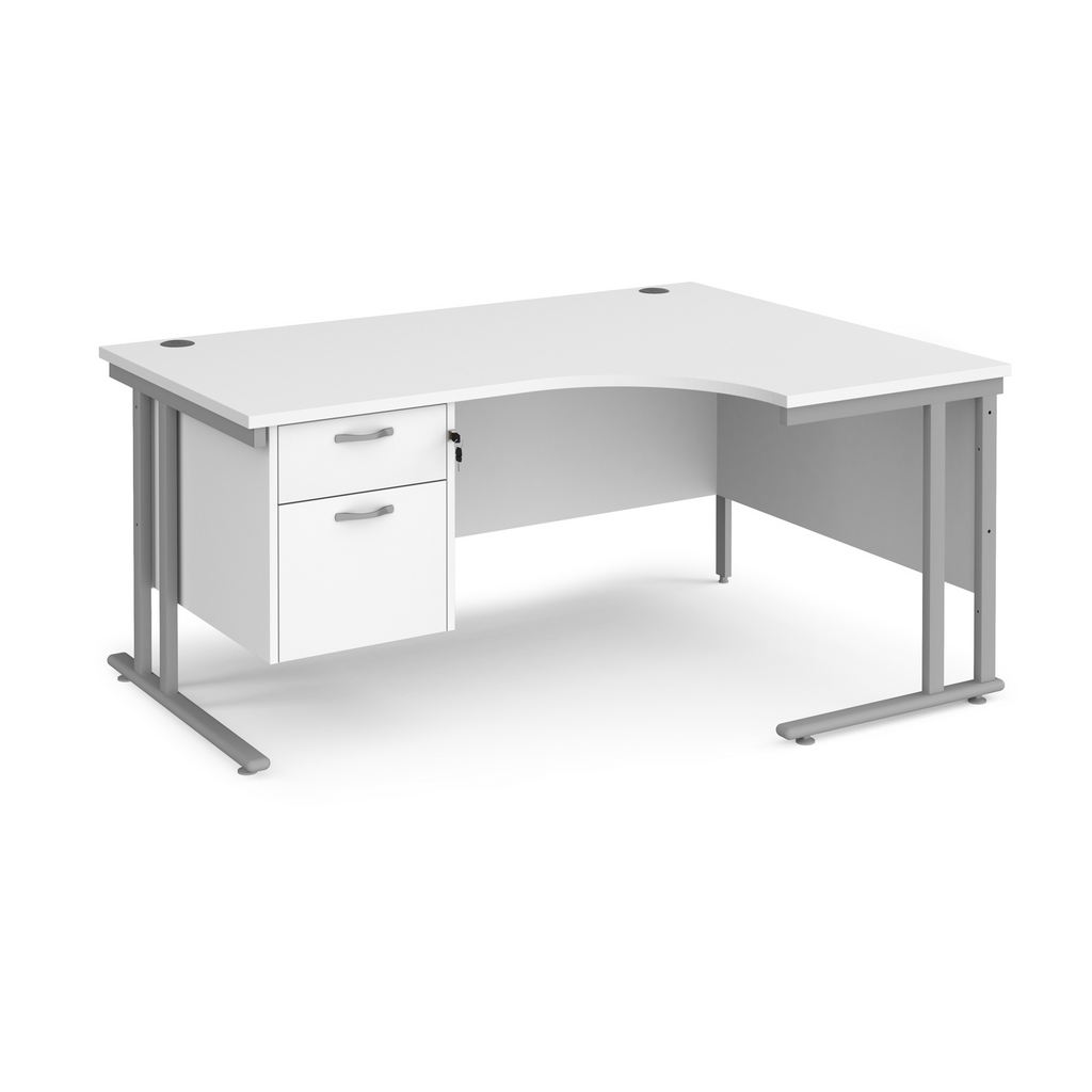 Picture of Maestro 25 right hand ergonomic desk 1600mm wide with 2 drawer pedestal - silver cantilever leg frame, white top