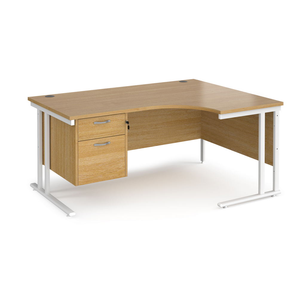 Picture of Maestro 25 right hand ergonomic desk 1600mm wide with 2 drawer pedestal - white cantilever leg frame, oak top