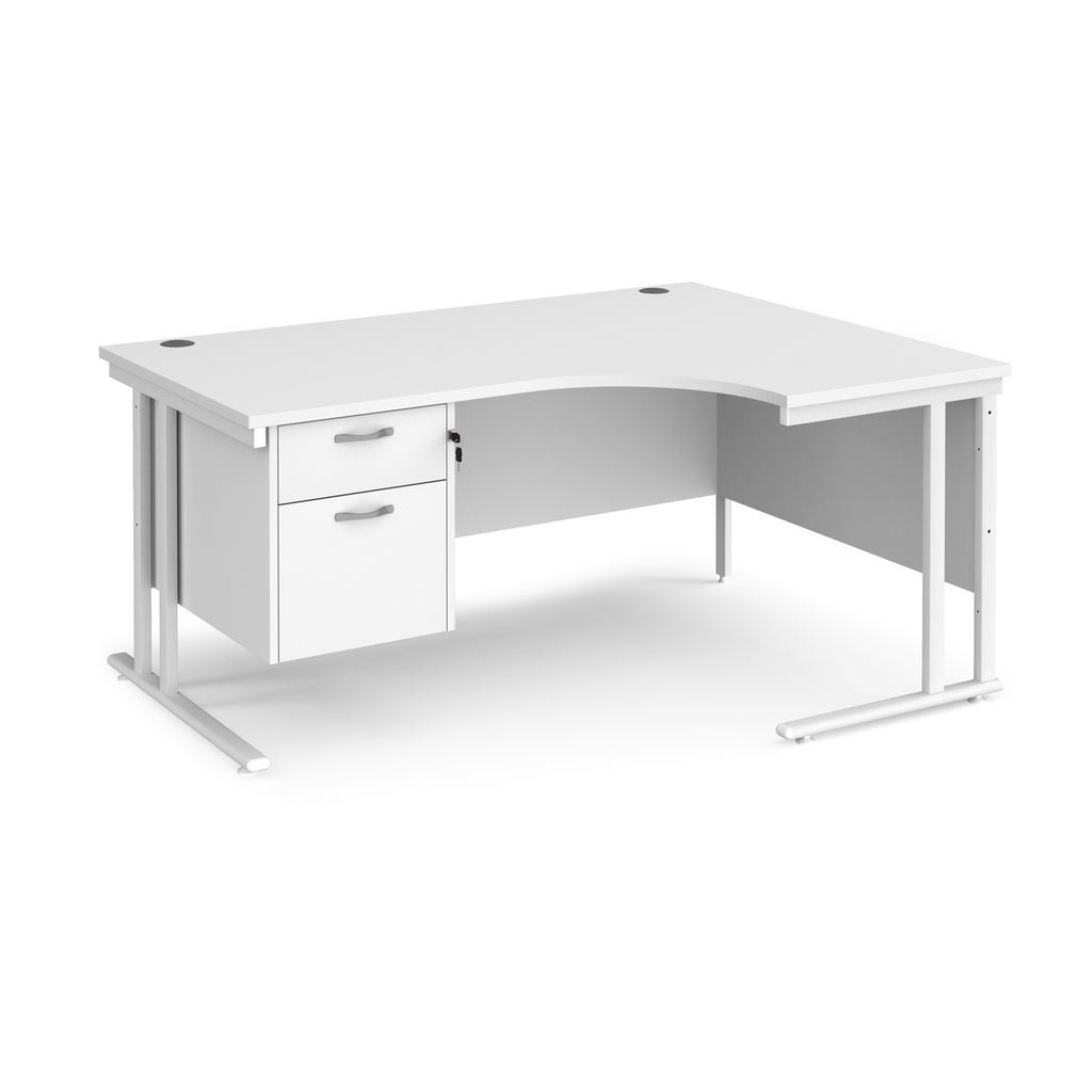 Picture of Maestro 25 right hand ergonomic desk 1600mm wide with 2 drawer pedestal - white cantilever leg frame, white top