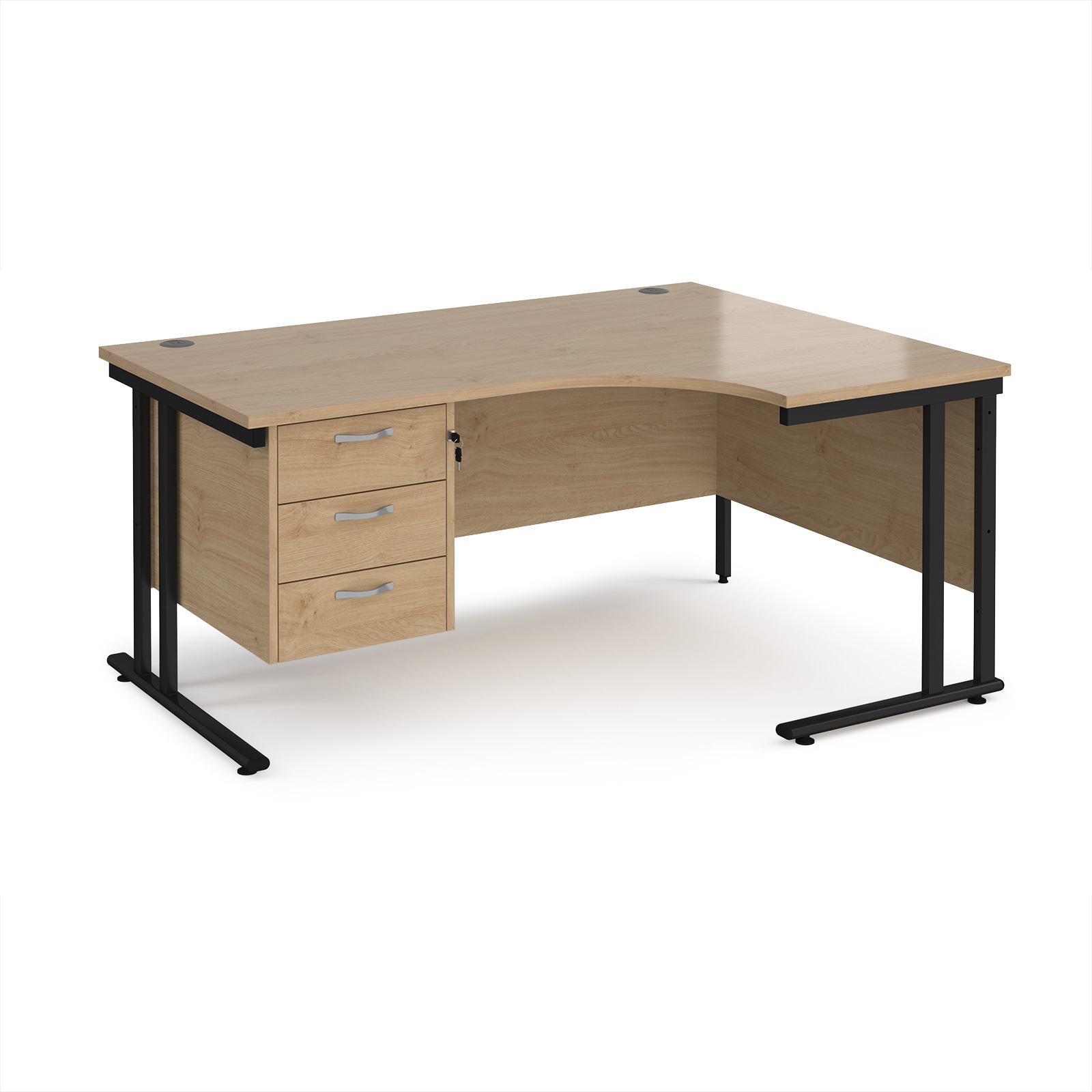 Picture of Maestro 25 right hand ergonomic desk 1600mm wide with 3 drawer pedestal - black cantilever leg frame, Kendal Oak Top