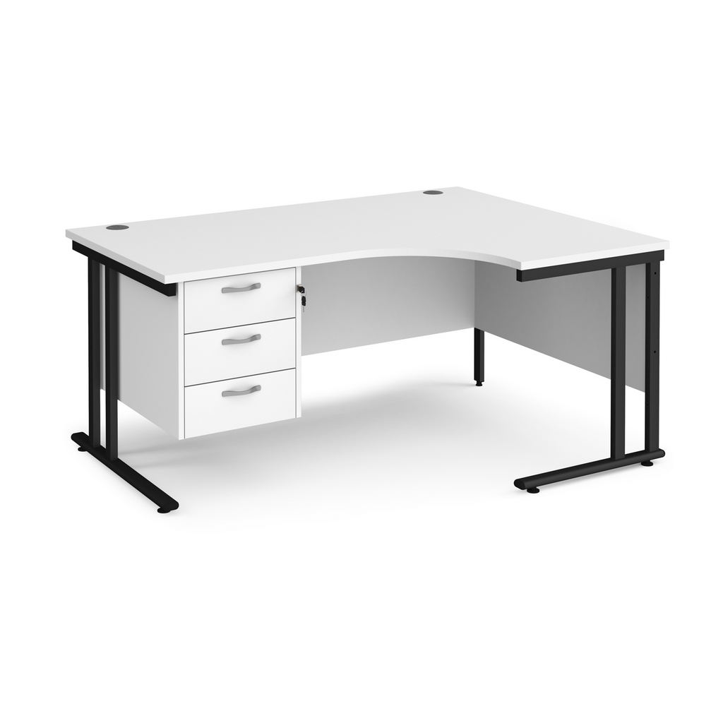 Picture of Maestro 25 right hand ergonomic desk 1600mm wide with 3 drawer pedestal - black cantilever leg frame, white top