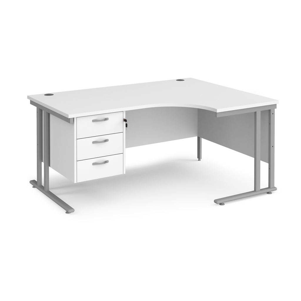 Picture of Maestro 25 right hand ergonomic desk 1600mm wide with 3 drawer pedestal - silver cantilever leg frame, white top