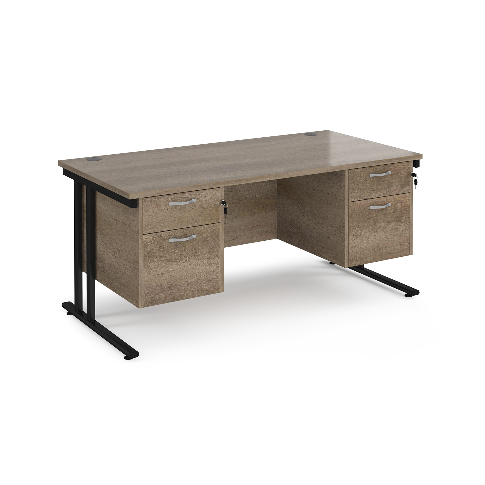 Picture of Maestro 25 straight desk 1600mm x 800mm with two x 2 drawer pedestals - black cantilever leg frame, Nebraska Oak Top