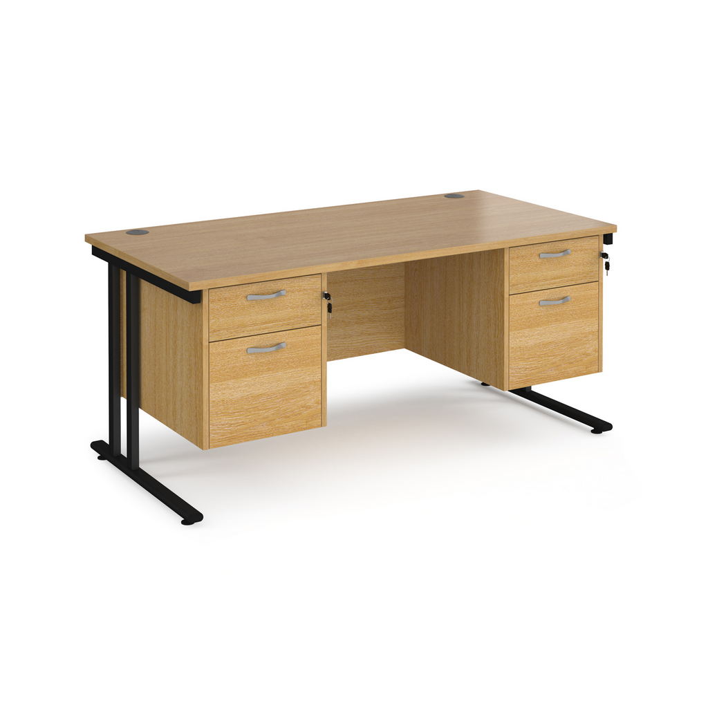 Picture of Maestro 25 straight desk 1600mm x 800mm with two x 2 drawer pedestals - black cantilever leg frame, oak top