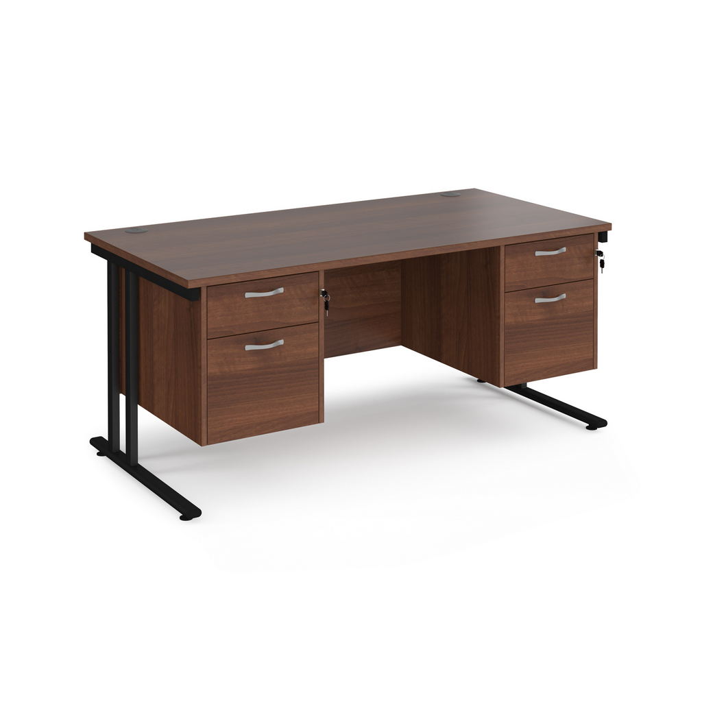 Picture of Maestro 25 straight desk 1600mm x 800mm with two x 2 drawer pedestals - black cantilever leg frame, walnut top