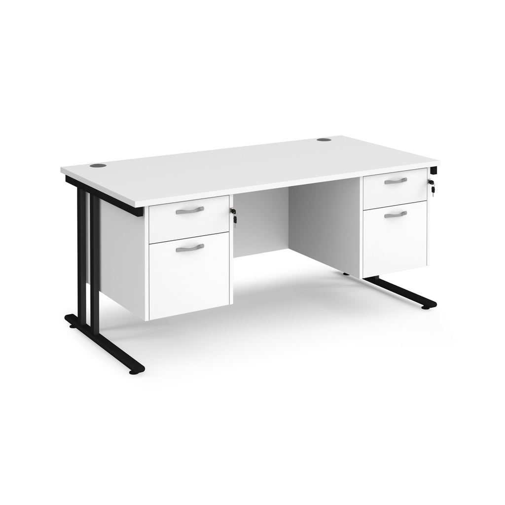 Picture of Maestro 25 straight desk 1600mm x 800mm with two x 2 drawer pedestals - black cantilever leg frame, white top