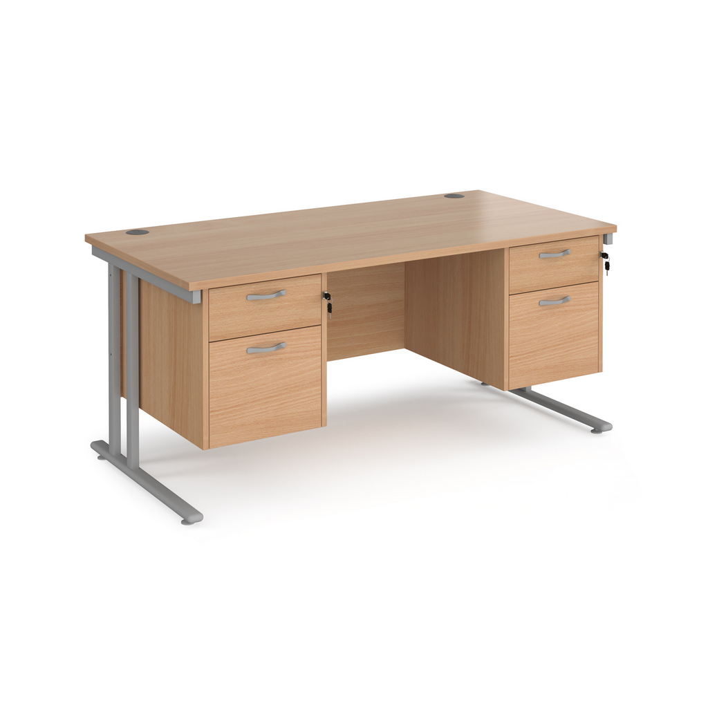 Picture of Maestro 25 straight desk 1600mm x 800mm with two x 2 drawer pedestals - silver cantilever leg frame, beech top