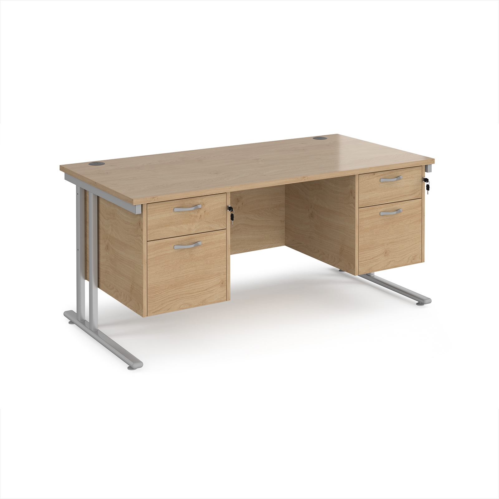 Picture of Maestro 25 straight desk 1600mm x 800mm with two x 2 drawer pedestals - silver cantilever leg frame, Kendal Oak Top
