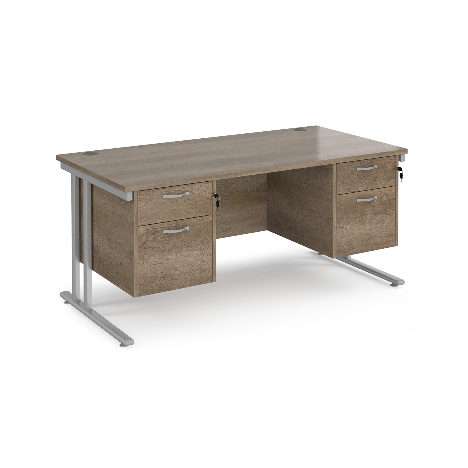 Picture of Maestro 25 straight desk 1600mm x 800mm with two x 2 drawer pedestals - silver cantilever leg frame, Nebraska Oak Top