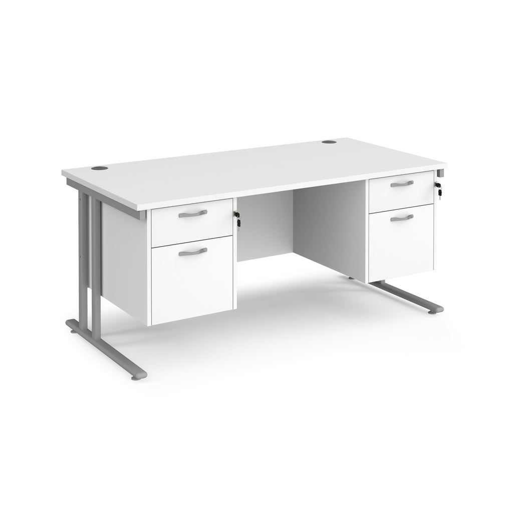 Picture of Maestro 25 straight desk 1600mm x 800mm with two x 2 drawer pedestals - silver cantilever leg frame, white top