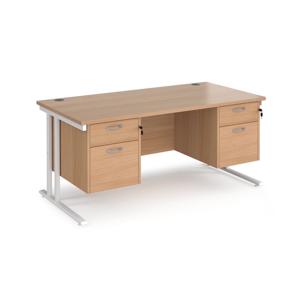 Picture of Maestro 25 straight desk 1600mm x 800mm with two x 2 drawer pedestals - white cantilever leg frame, beech top