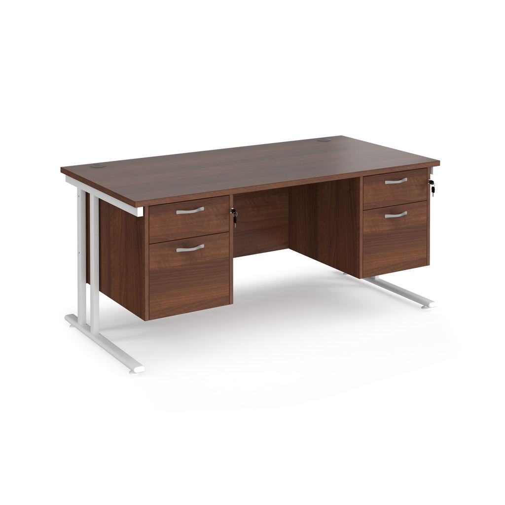 Picture of Maestro 25 straight desk 1600mm x 800mm with two x 2 drawer pedestals - white cantilever leg frame, walnut top