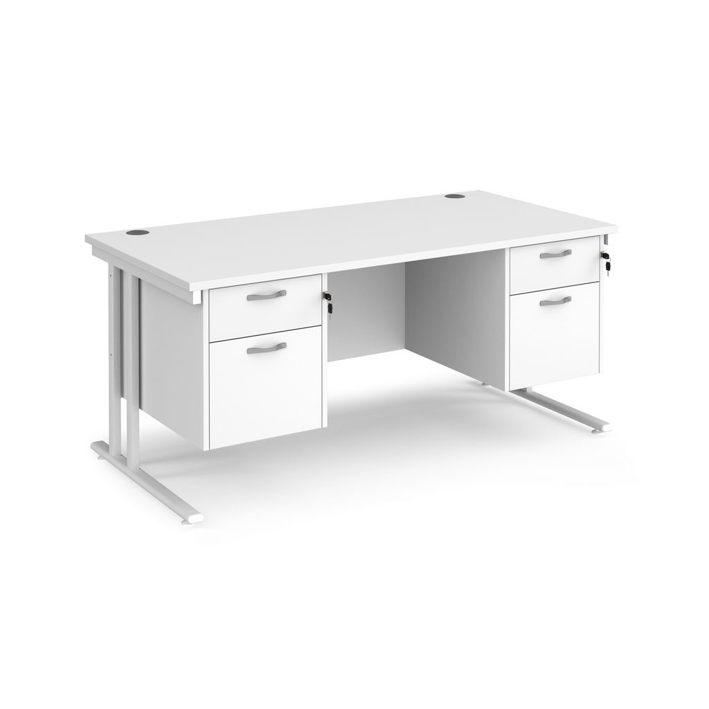 Picture of Maestro 25 straight desk 1600mm x 800mm with two x 2 drawer pedestals - white cantilever leg frame, white top