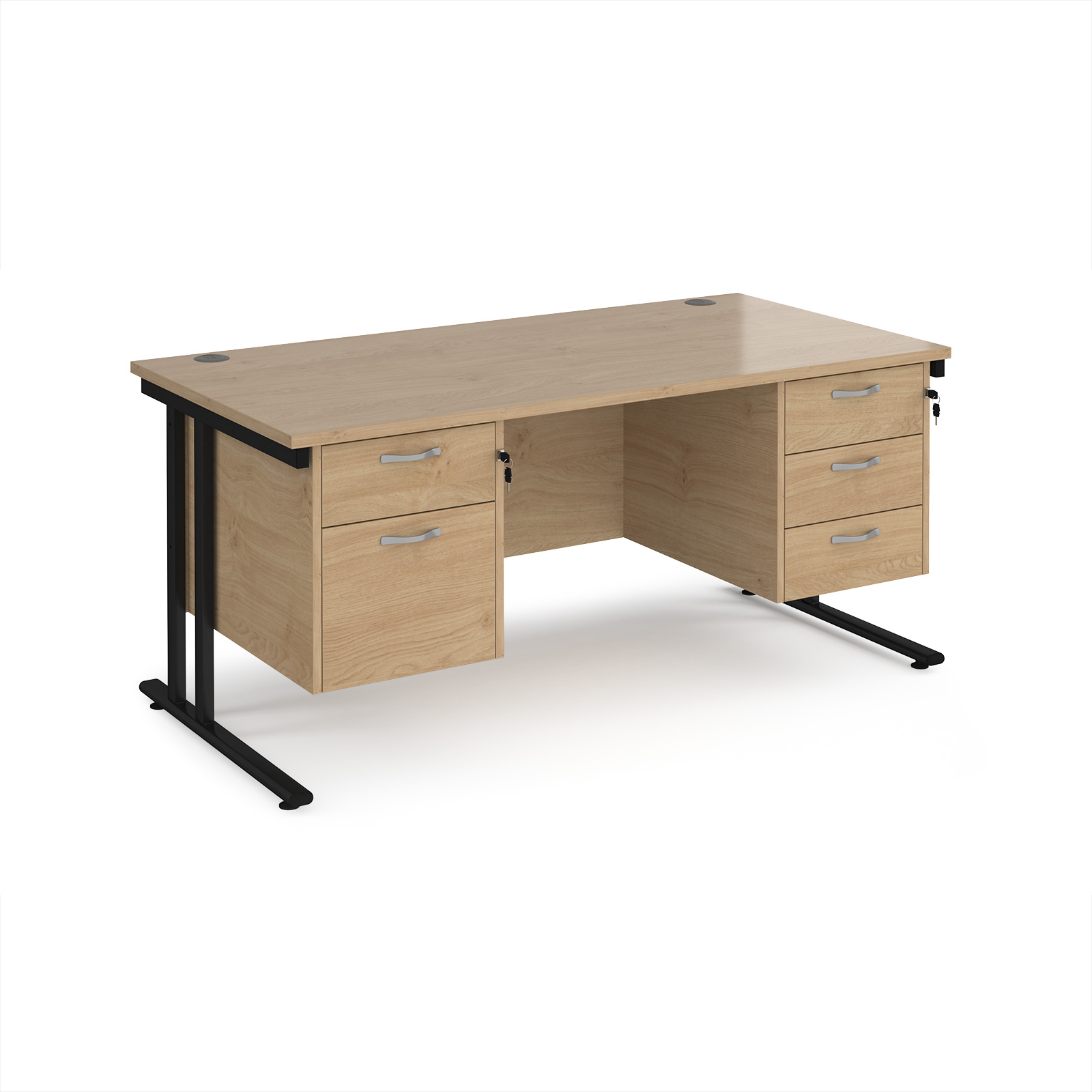 Picture of Maestro 25 straight desk 1600mm x 800mm with 2 and 3 drawer pedestals - black cantilever leg frame, Kendal Oak Top