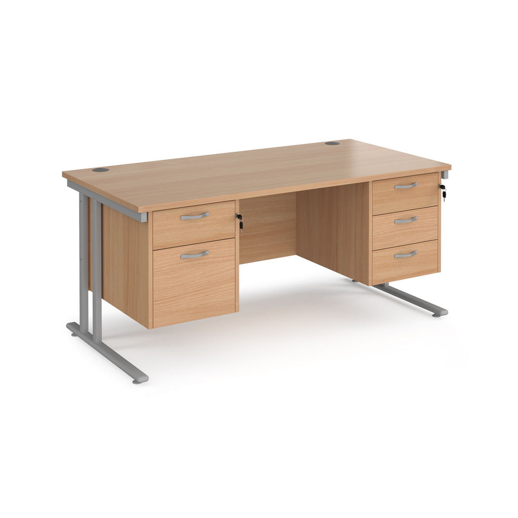 Picture of Maestro 25 straight desk 1600mm x 800mm with 2 and 3 drawer pedestals - silver cantilever leg frame, beech top